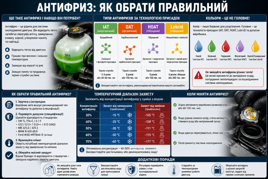 Інфографіка про типи антифризу, температурний захист та правила вибору охолоджувальної рідини