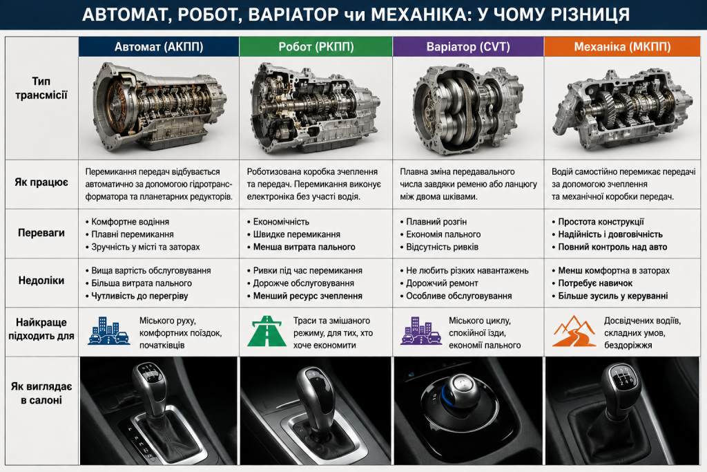 Порівняння автоматичної, роботизованої, варіаторної та механічної коробок передач