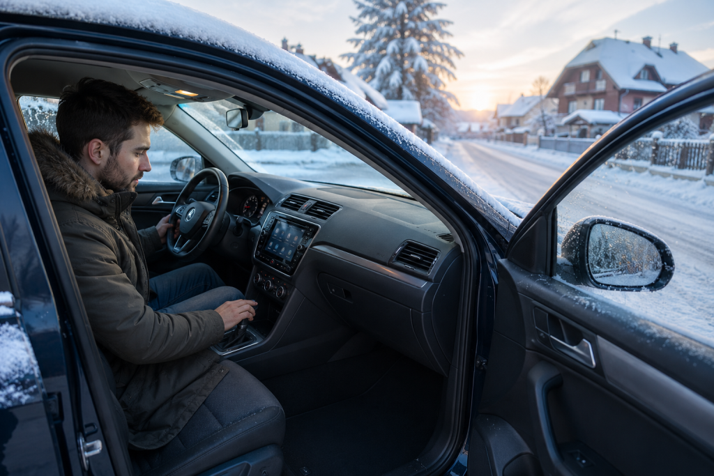 Водій прогріває автомобіль з автоматичною коробкою передач перед поїздкою взимку