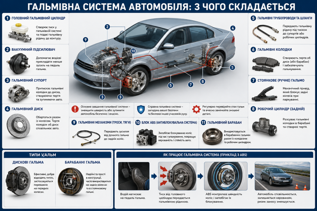 Схема гальмівної системи автомобіля з дисками, супортами, колодками, трубопроводами та блоком ABS