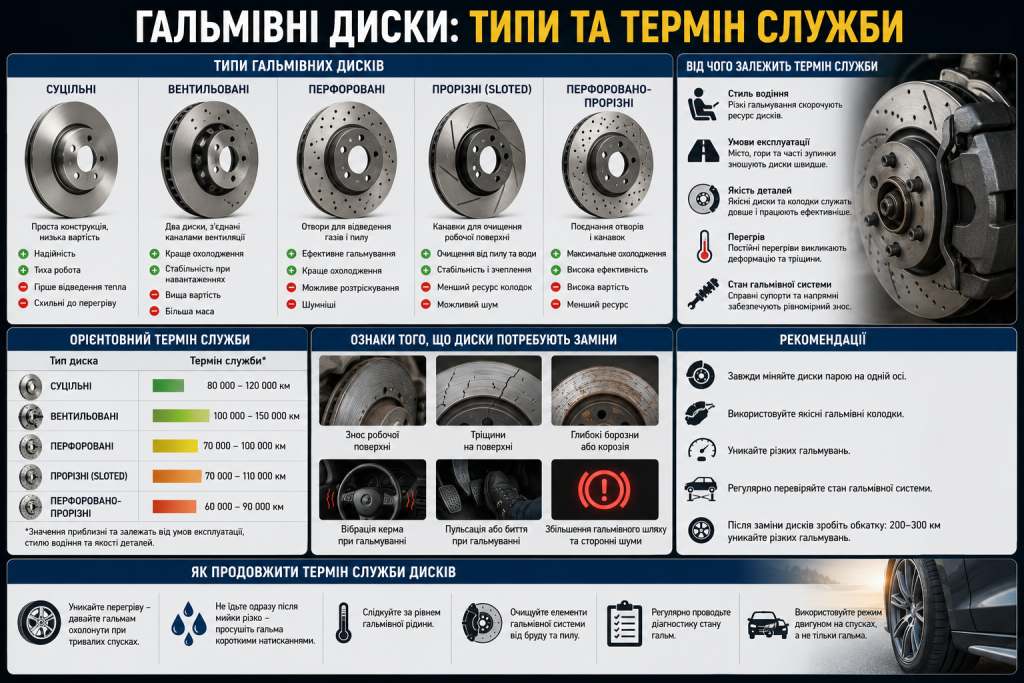 Інфографіка про типи гальмівних дисків, термін їх служби та основні ознаки необхідності заміни