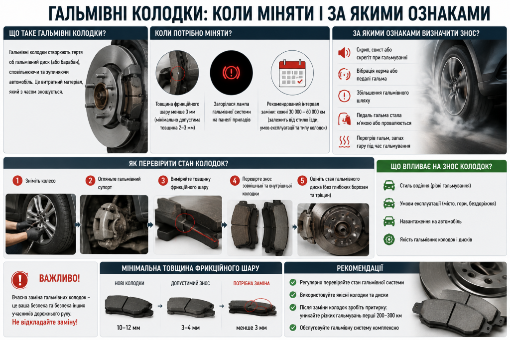 Інфографіка про термін заміни, перевірку та основні ознаки зношення гальмівних колодок автомобіля