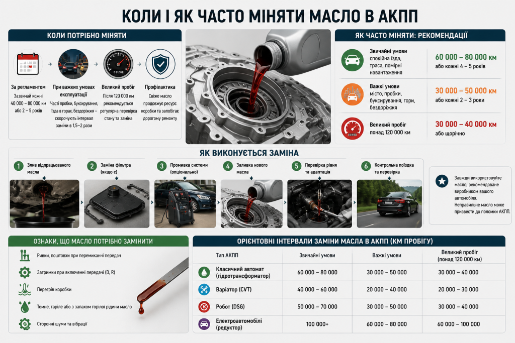 Інфографіка про інтервали та процес заміни трансмісійного масла в автоматичній коробці передач