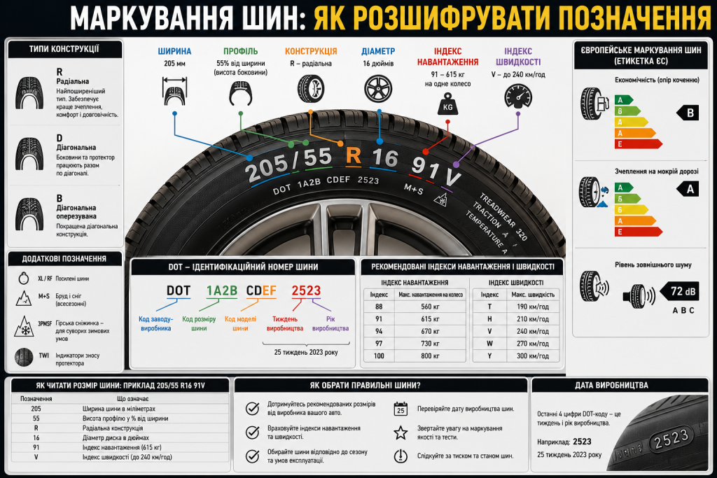 Інфографіка з розшифруванням маркування шин, розміру, індексу навантаження, швидкості та DOT-коду