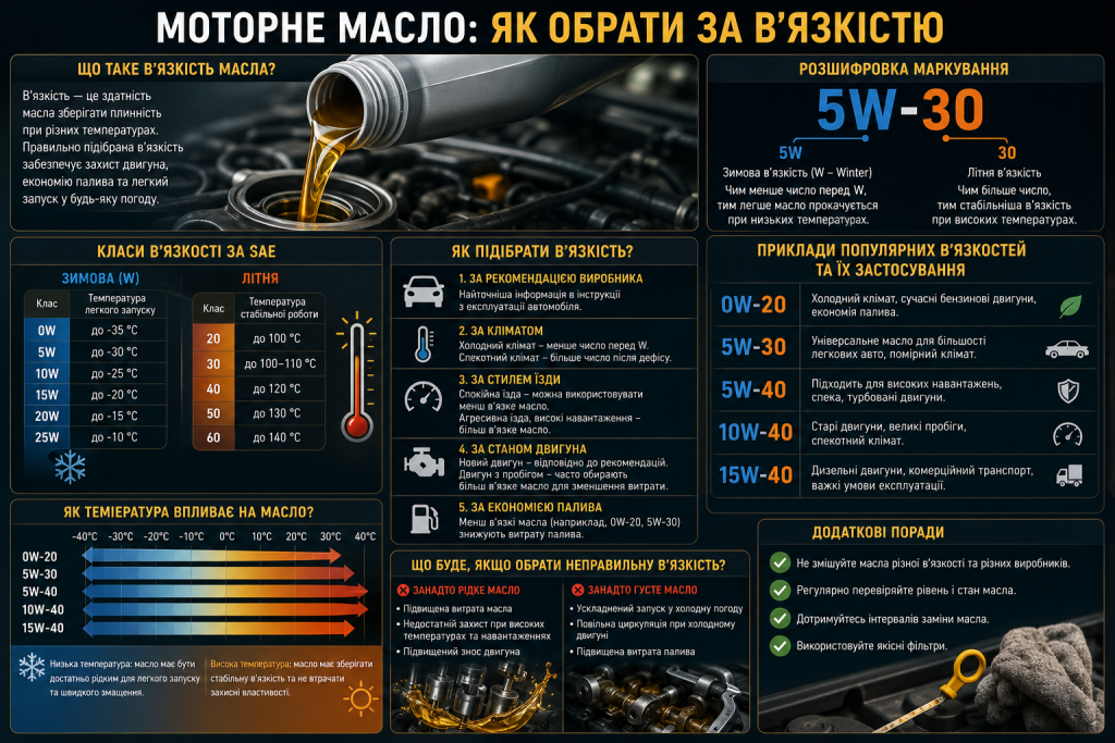 Інфографіка з класами в’язкості моторного масла SAE та рекомендаціями щодо вибору масла для двигуна