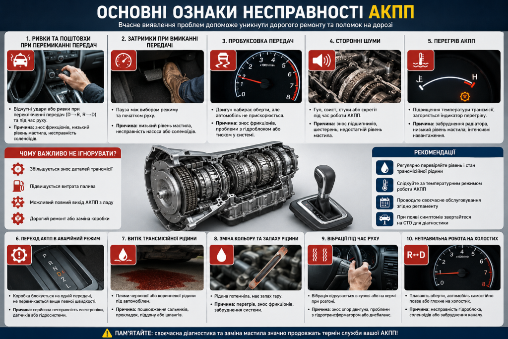 Інфографіка з основними симптомами несправності автоматичної коробки передач АКПП