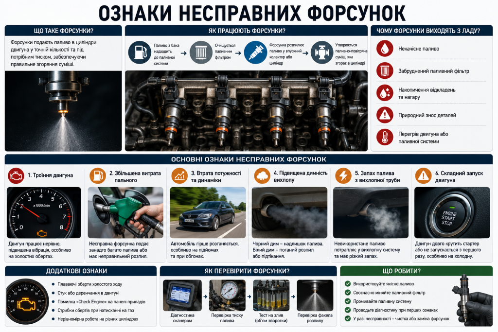 Інфографіка про основні симптоми несправних паливних форсунок та способи їх перевірки