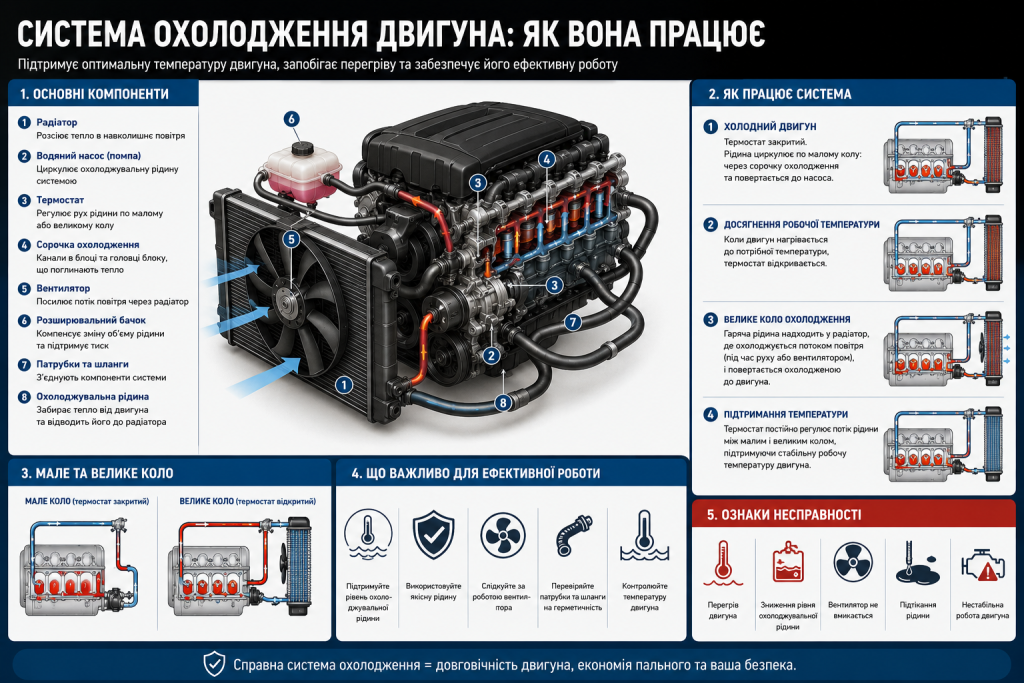 Схема системи охолодження автомобільного двигуна з радіатором, насосом, термостатом і патрубками