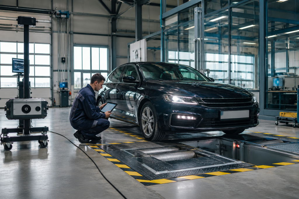 Майстер проводить технічний огляд автомобіля на діагностичному стенді в автосервісі