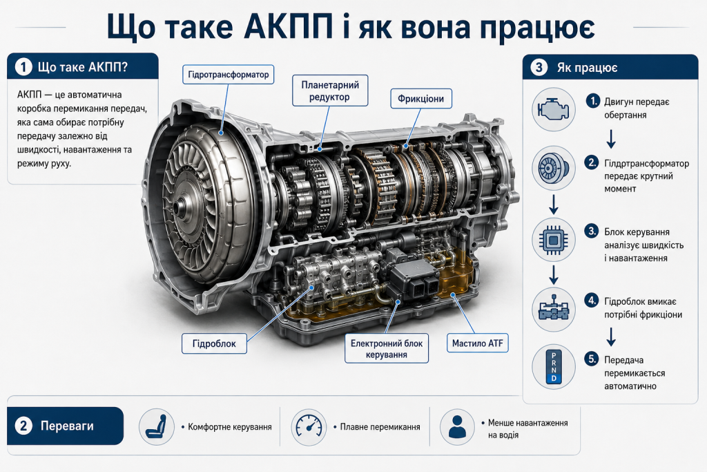 Схема будови АКПП з гідротрансформатором, планетарним редуктором, фрикціонами та гідроблоком