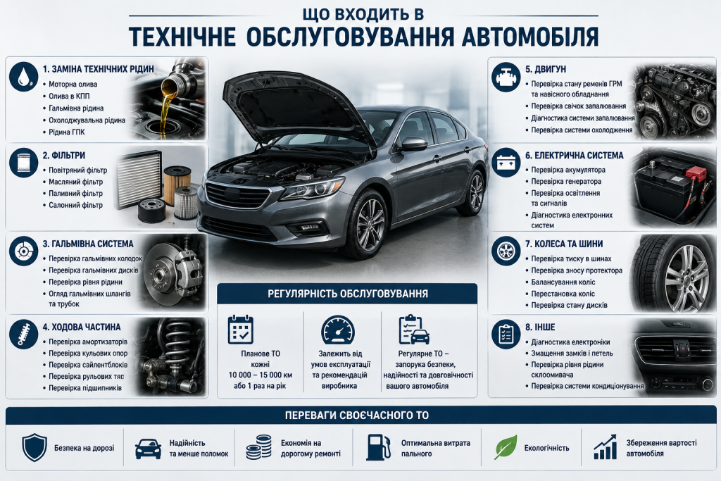 Схема технічного обслуговування автомобіля з перевіркою рідин, фільтрів, гальм, двигуна та коліс