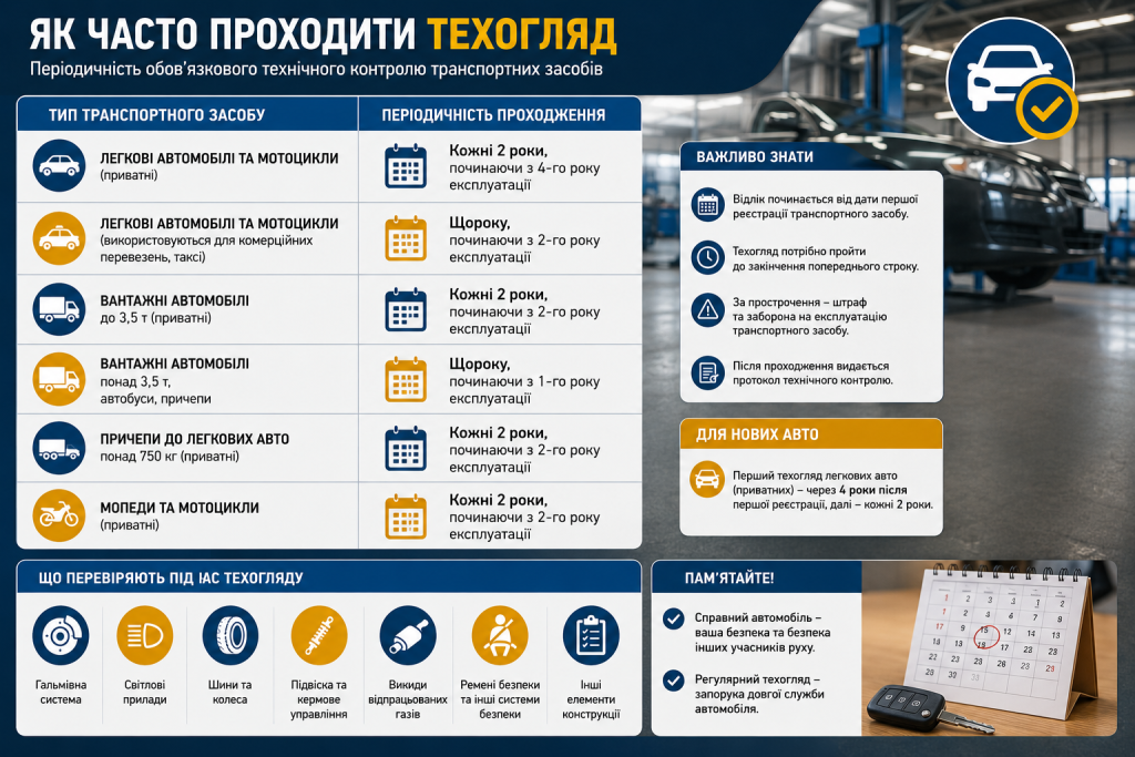 Інфографіка про періодичність техогляду автомобілів та основні елементи перевірки