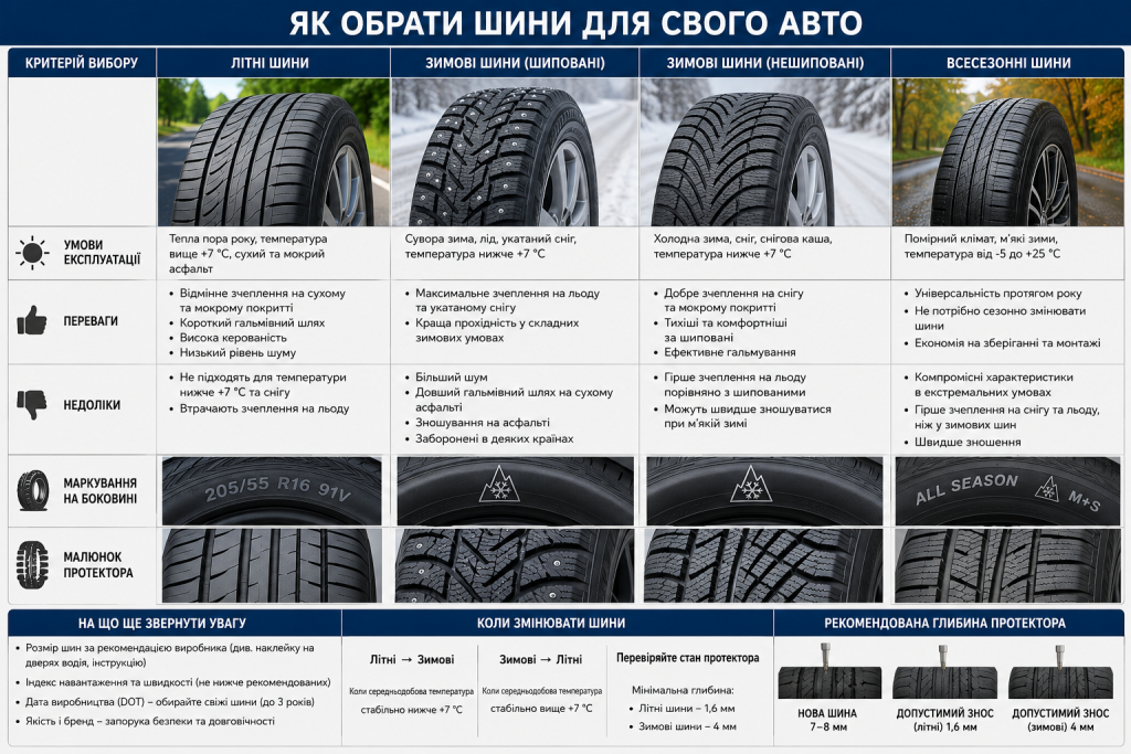 Порівняння літніх, зимових шипованих, зимових нешипованих і всесезонних автомобільних шин