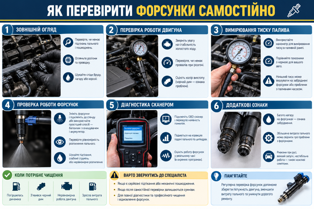 Інфографіка з основними способами самостійної перевірки та діагностики паливних форсунок двигуна