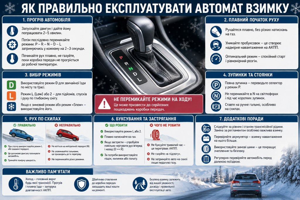 Інфографіка з правилами зимової експлуатації автомобіля з автоматичною коробкою передач