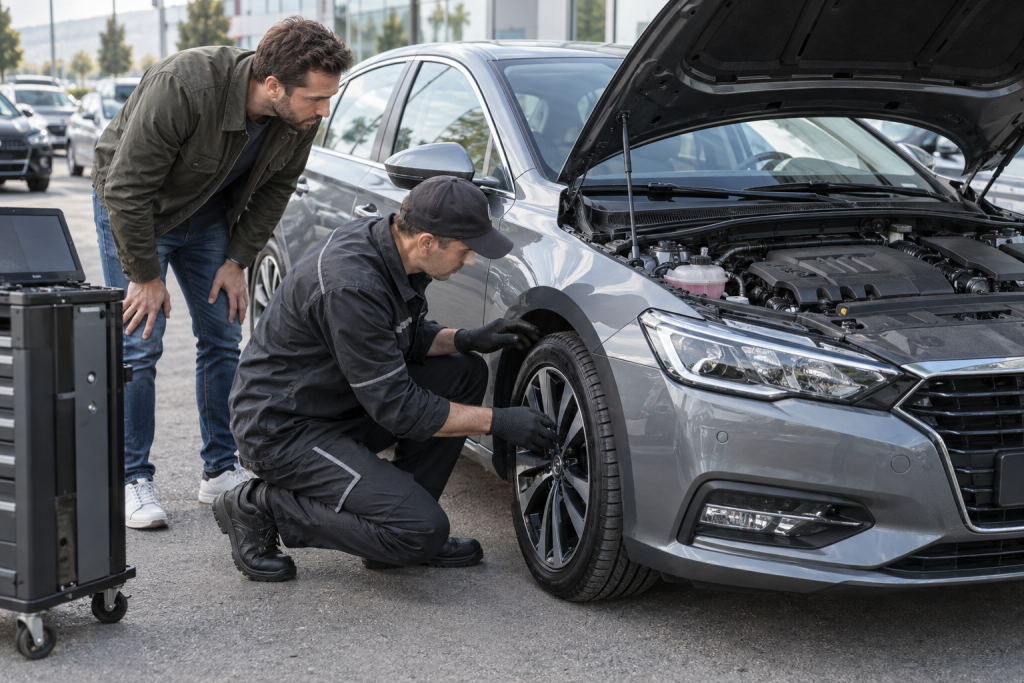 Покупець разом із механіком оглядає вживаний автомобіль, перевіряє колеса, двигун і технічний стан машини перед купівлею.