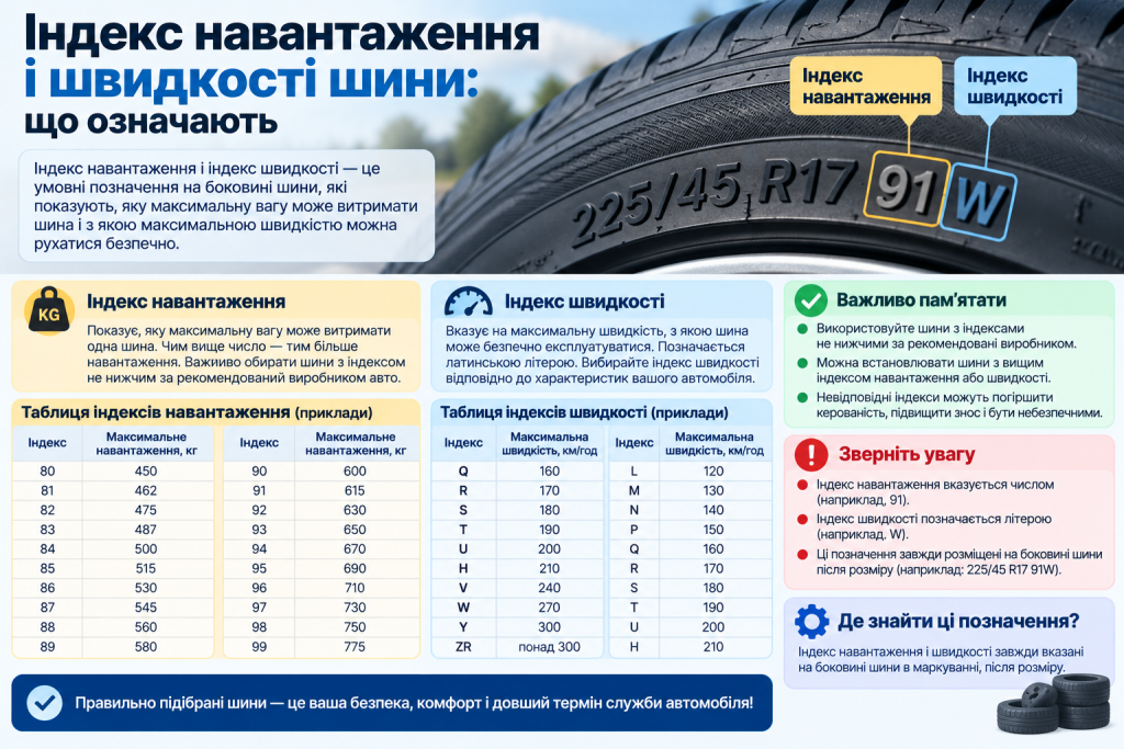 Інфографіка про індекс навантаження та індекс швидкості автомобільних шин із прикладами маркування, допустимої ваги та швидкості.