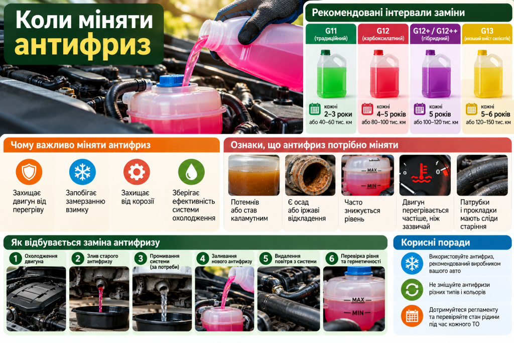 Інфографіка про заміну антифризу в автомобілі: рекомендовані інтервали для різних типів охолоджувальної рідини, ознаки зношування та етапи заміни.