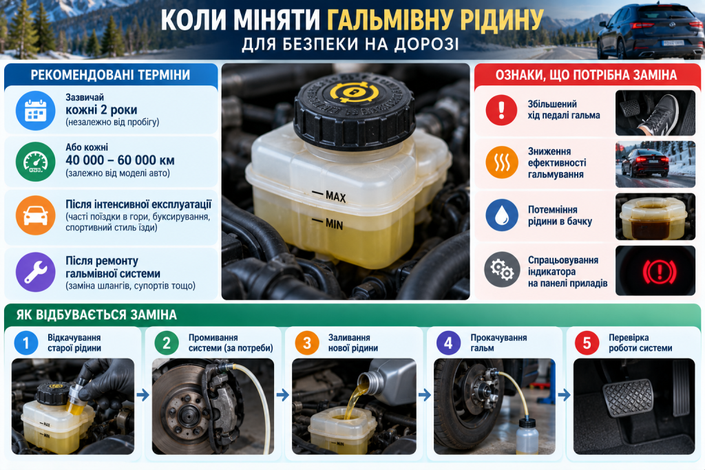 Інфографіка про те, коли потрібно міняти гальмівну рідину в автомобілі, ознаки зношення та основні етапи заміни