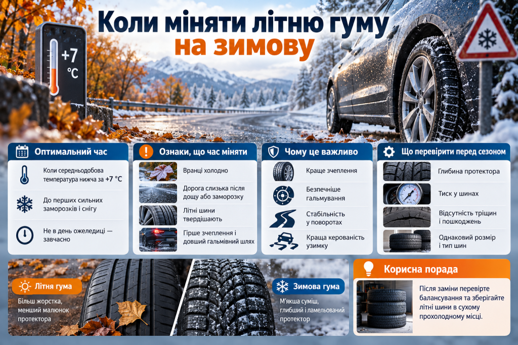 Інфографіка про заміну літніх шин на зимові: оптимальна температура, ознаки необхідності заміни, переваги зимової гуми та перевірка стану шин.