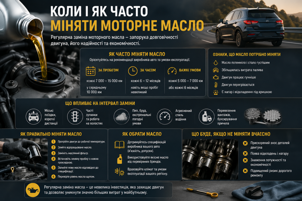 Інфографіка про інтервали заміни моторного масла, ознаки його зношення, вибір мастила та правильну процедуру заміни