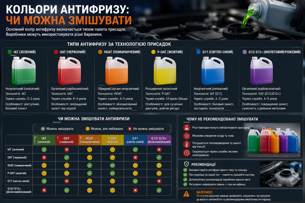 Інфографіка про типи й кольори антифризу IAT, OAT, HOAT, P-OAT, G11 і G12 та їх сумісність