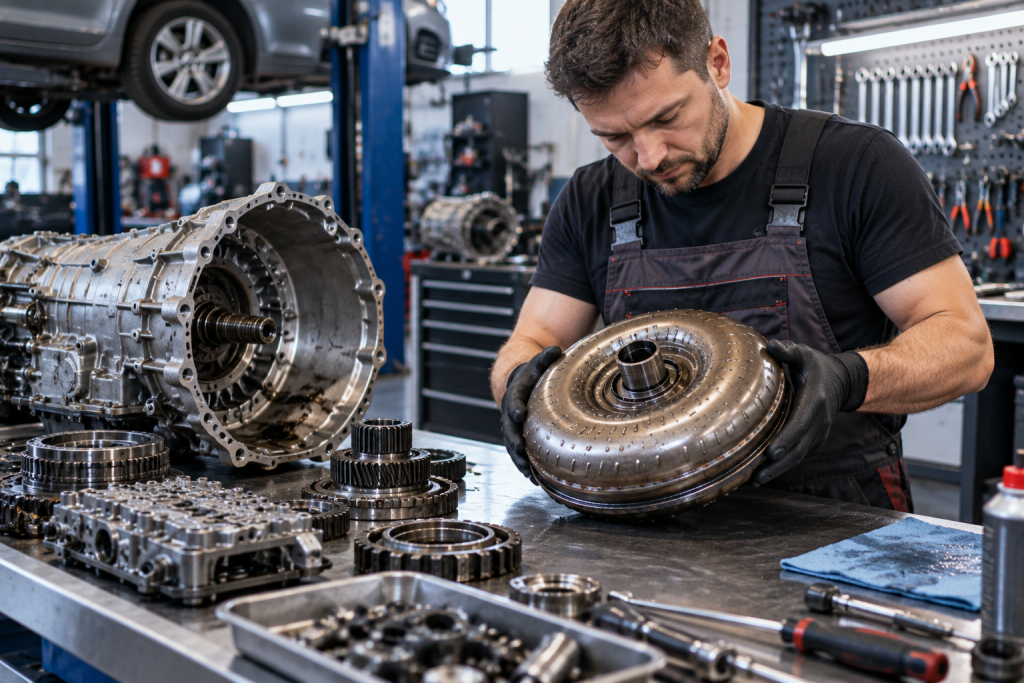 Автомеханік оглядає гідротрансформатор і деталі автоматичної коробки передач під час ремонту трансмісії.