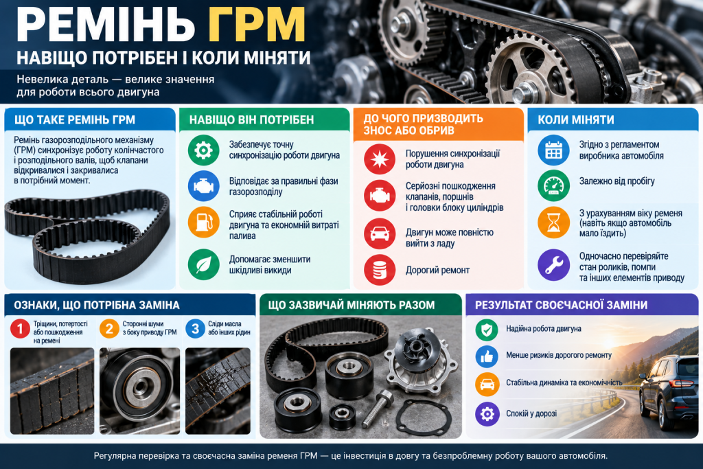 Інфографіка про ремінь ГРМ, його призначення, ознаки зношення, наслідки обриву та строки заміни в автомобілі