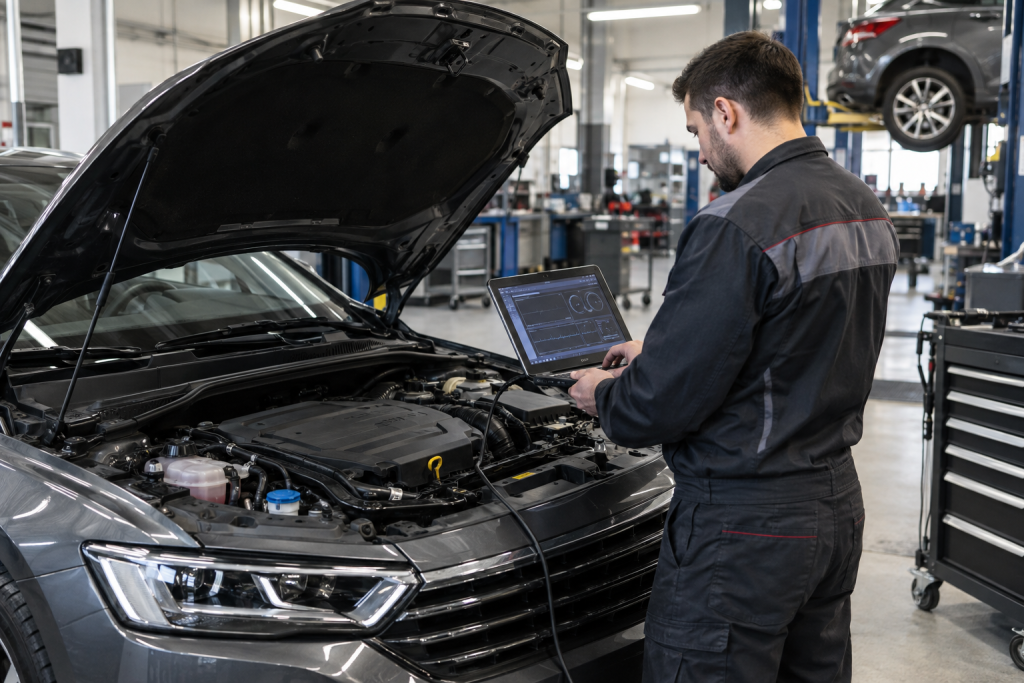 Автомеханік проводить комп’ютерну діагностику автомобіля на СТО за допомогою ноутбука та спеціального діагностичного обладнання.