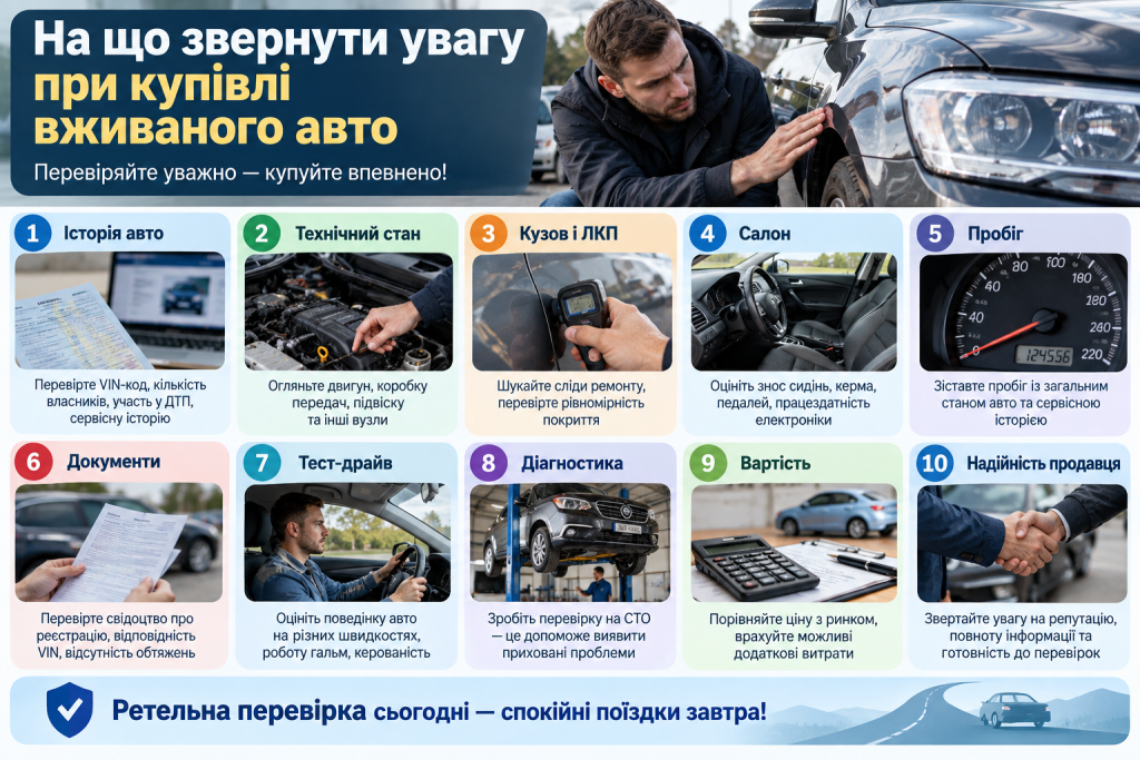 Інфографіка з основними пунктами перевірки вживаного автомобіля перед купівлею: історія, технічний стан, кузов, пробіг, документи та діагностика.