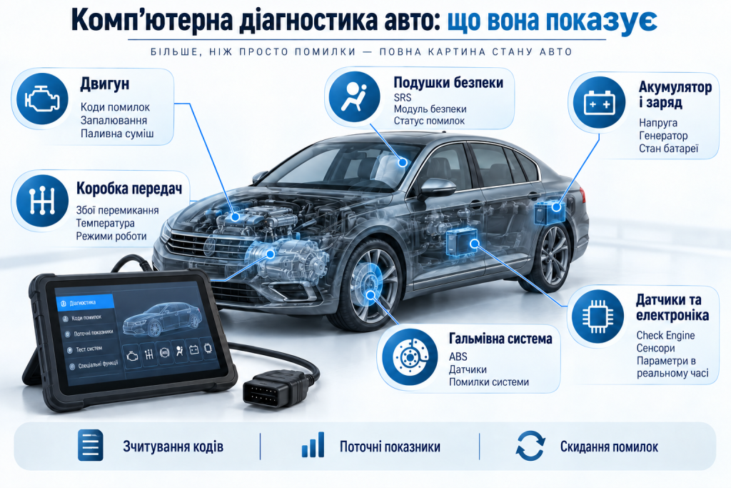 Інфографіка про комп’ютерну діагностику автомобіля та перевірку двигуна, коробки передач, гальмівної системи, акумулятора, подушок безпеки й електроніки.
