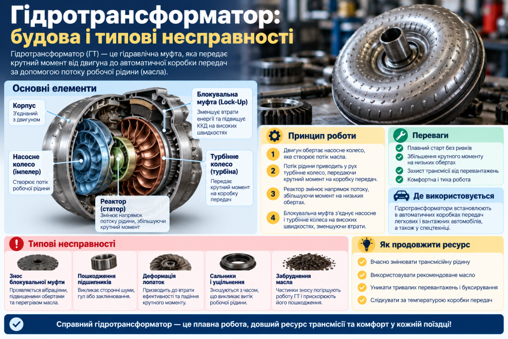Інфографіка про будову гідротрансформатора автоматичної коробки передач, принцип роботи, основні елементи та типові несправності.